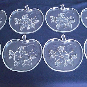 Set of 8 Vintage Clear Glass APPLE Plates with Embossed Flowers Snack or Dessert Plates