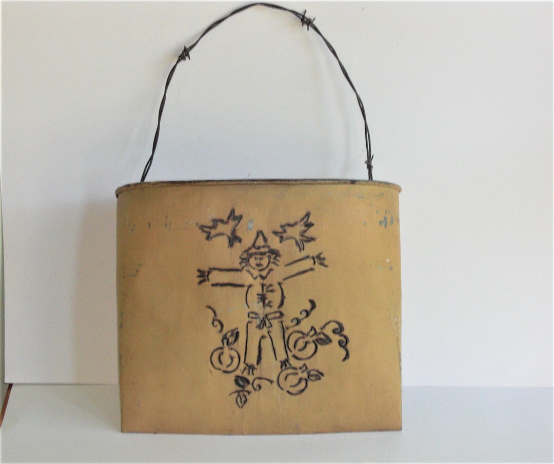 Upcycled Mustard Yellow Metal Wall Door Hanger With Scarecrow Cut Out