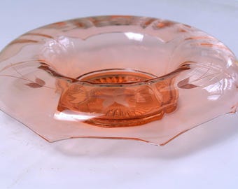Pink Depression Glass Flower Etch Rolled Edge Console Bowl Centerpiece