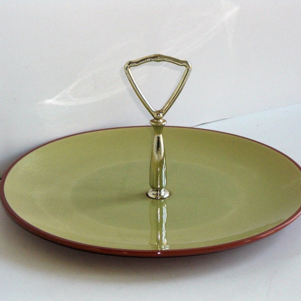 Vintage Green and Brown Stangl Pottery Tidbit Server Plate with Center Handle