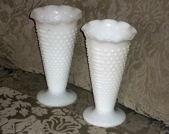 Pair Vintage Milk Glass Hobnail Fire King Ruffled Vases by Anchor Hocking