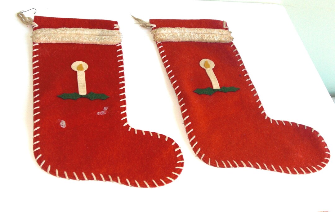 Pair Vintage Red Felt Christmas Stockings With Candle Holly Etsy