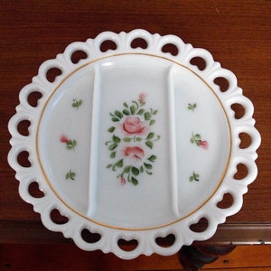 Large Lace Edge Milk Glass Platter by Anchor Hocking Hand Painted Pink Flowers 3 Part Serving Platter