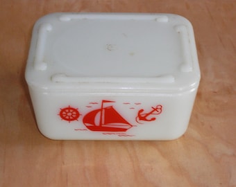 Vintage McKee Milk Glass Red Sailboat Refrigerator Storage Box Container