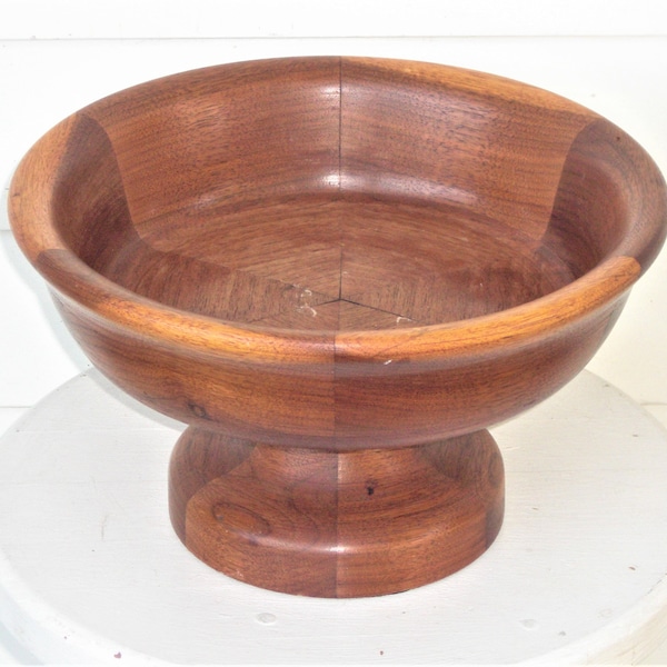 Large Vintage Round Wood Pedestal Bowl Geometric Wood Grain Pattern MCM