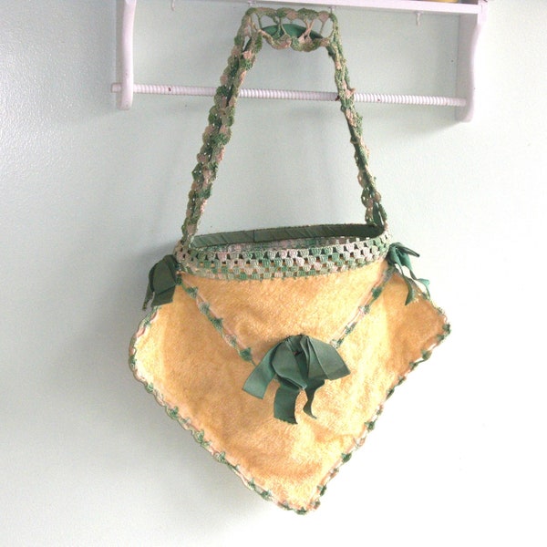 Vintage Yellow and Green Crochet Terry Cloth Towel Clothes Pin Holder Bag