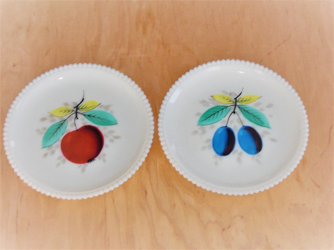 2 Westmoreland Milk Glass Beaded Edge Plates Hand Painted Fruit - Etsy
