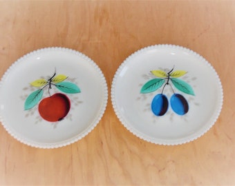 2 Westmoreland Milk Glass Beaded Edge Plates Hand Painted Fruit