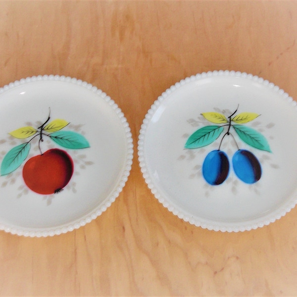 2 Westmoreland Milk Glass Beaded Edge Plates Hand Painted Fruit