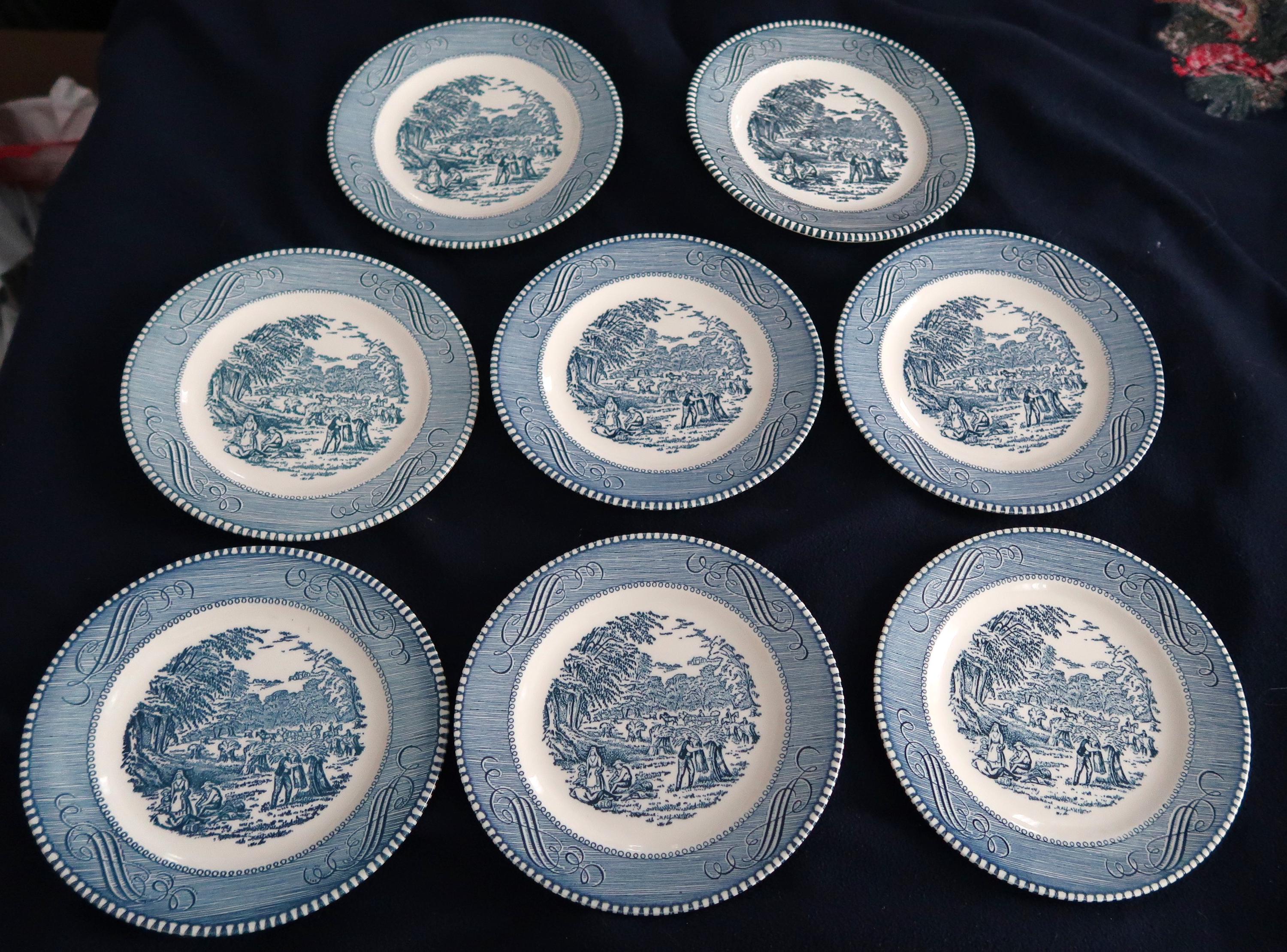 8 Currier and Ives Blue/White 6 3/8" Dessert Snack Plates Harvest Pattern by Royal China