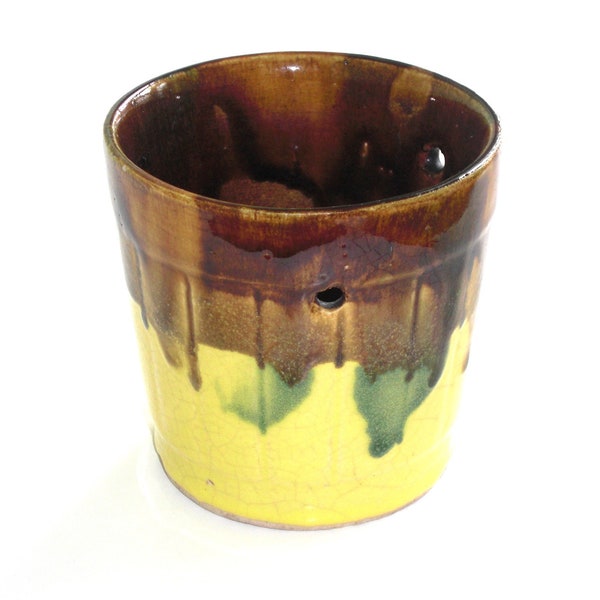 Vintage Yellow Brown Green Hanging Flower Pot 3-Hole Ceramic Planter