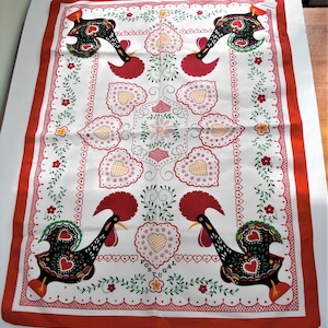 Vintage Cotton Black Colorful Rooster Tea Towel Red Border Made in Portugal with Flowers and Hearts NOS