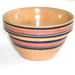 Antique Yellow Ware 6&quot; Bowl Pink Blue Stripes