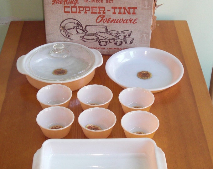 Fire King Copper Tint Ovenware 10 Piece Set Original Labels Original