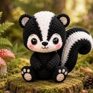 Op de afbeelding: Een gehaakt stinkdier knuffel van zwart en wit garen, met grote zwarte ogen, een witte streep op de kop, een pluizige staart en roze blosjes op de wangen. Het knuffeldier heeft kleine pootjes met witte accenten en een rond lichaam.