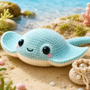 Peut inclure: Une peluche raie crochetée bleu clair avec de grands yeux noirs, des joues roses et un dessous crème. À côté se trouve une petite pochette crochetée beige avec un cordon de serrage et une perle blanche décorative.