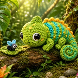 May include: A crocheted green chameleon toy with large black eyes, yellow spots, and a curled tail, positioned next to a small crocheted fly on a green leaf. The chameleon features a yellow spiky crest along its back and blue stripes.