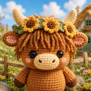May include: A crocheted Highland cow plushie with a sunflower crown. The cow is brown with tan horns, pink inner ears, and large black eyes. The background features a wooden fence, flowers, and a small cottage under a blue sky.