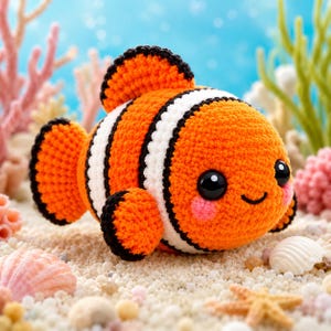 May include: A crocheted clownfish toy featuring a vibrant orange body with white vertical stripes outlined in black. The fish has large black safety eyes, a small stitched smile, and pink blush accents on its cheeks, crafted with a textured yarn.