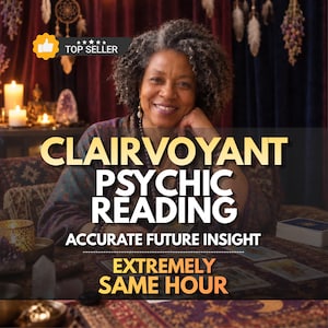 Peut inclure: Une personne aux cheveux bouclés est assise à une table avec des cartes de tarot, des bougies et des cristaux. Le texte indique : CLAIRVOYANT PSYCHIC READING, ACCURATE FUTURE INSIGHT, EXTREMELY SAME HOUR. Un badge jaune affiche TOP SELLER.