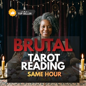 May include: An image featuring a smiling woman with gray hair, offering tarot readings. The text "BRUTAL TAROT READING SAME HOUR" is displayed prominently. The image includes lit candles, tarot cards, and a "TOP SELLER" badge.