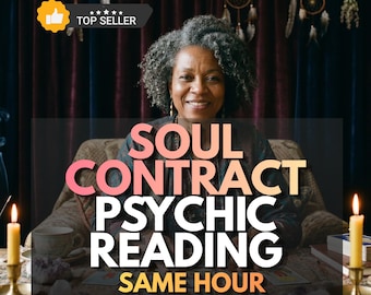 Könnte beinhalten: Werbung für Wahrsager-Lesungen. Der Text lautet "SOUL CONTRACT PSYCHIC READING SAME HOUR". Eine Frau mit grauem Haar lächelt vor einem Tisch mit Tarotkarten, Kerzen und Kristallen. Das Bild hat ein "Top Seller"-Abzeichen.