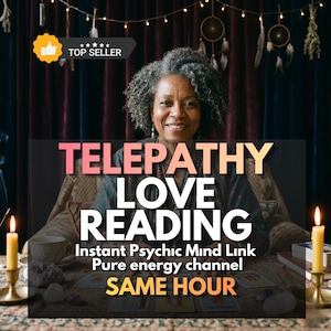 May include: An image featuring a woman smiling, with text overlayed that reads "TELEPATHY LOVE READING" and "SAME HOUR". The image also includes lit candles, tarot cards, and a "TOP SELLER" badge.