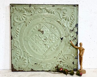 framed tin tile, antique tin ceiling wall art, original finish tin plaque