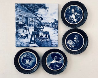Blue & white tile and coasters, Ter Steege, Handdecorated, Holland