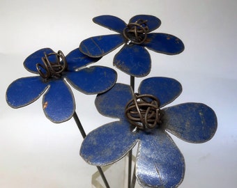 metal flower, set of 3, repurposed metal, eco-friendly, garden art, plant stake, assorted colours available