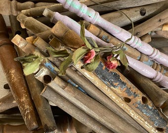 45 assorted chair spindles, box lot of wood spindles, assorted furniture parts