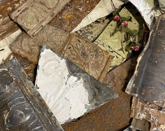 box lot, assorted pieces of vintage tin ceiling, antique tin tile, architectural salvage