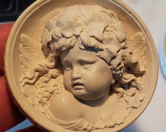 Placa redonda de angelito alado con vides, adorno victoriano antiguo, fundido a mano, Cast Shadows Studio