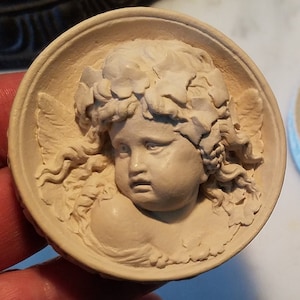 Little Angel- winged Cherub with grape vines round plaque, Antique Victorian ornament, hand  cast,  Cast Shadows Studio