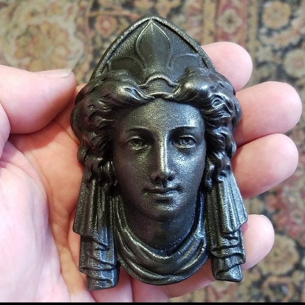 Goddess Face, cast stone women's head, indoor/outdoor ornament, by Cast Shadows Studio