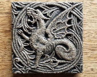 The Black Dragon Tile - Victorian Gothic cast stone Sculpture- Blackened Iron Finish