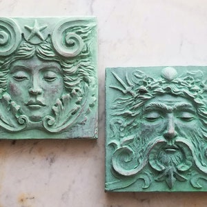 Sea Goddess and Sea God tiles in the Verdigris finish, 4x4 inch square, from Cast Shadows Studio, by Richard Chalifour