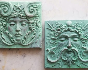 Sea Goddess and Sea God tiles in the Verdigris finish, 4x4 inch square, from Cast Shadows Studio, by Richard Chalifour