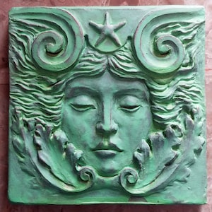 Sea Goddess Tile in Verdigris Finish, 4x4 inch square, Woman's face with swirls and starfish, by Richard Chalifour image 1