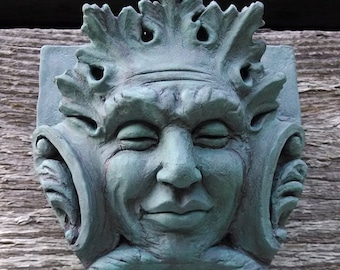 Bacchus Green Man in a Verdigris finish, wall art, garden decoration, cast stone, keystone, architectural sculpture, copper face