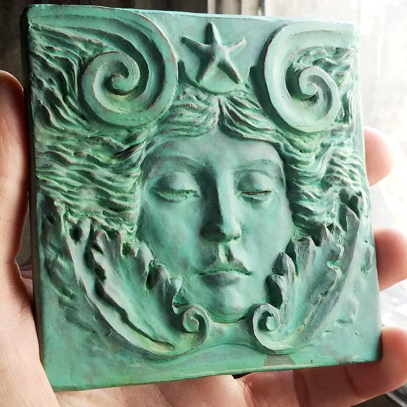 Sea Goddess Tile in Verdigris Finish, 4x4 inch square, Woman's face with swirls and starfish, by Richard Chalifour image 2