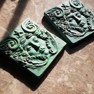 Sea Goddess Tile in Verdigris Finish, 4x4 inch square, Woman's face with swirls and starfish, by Richard Chalifour image 5