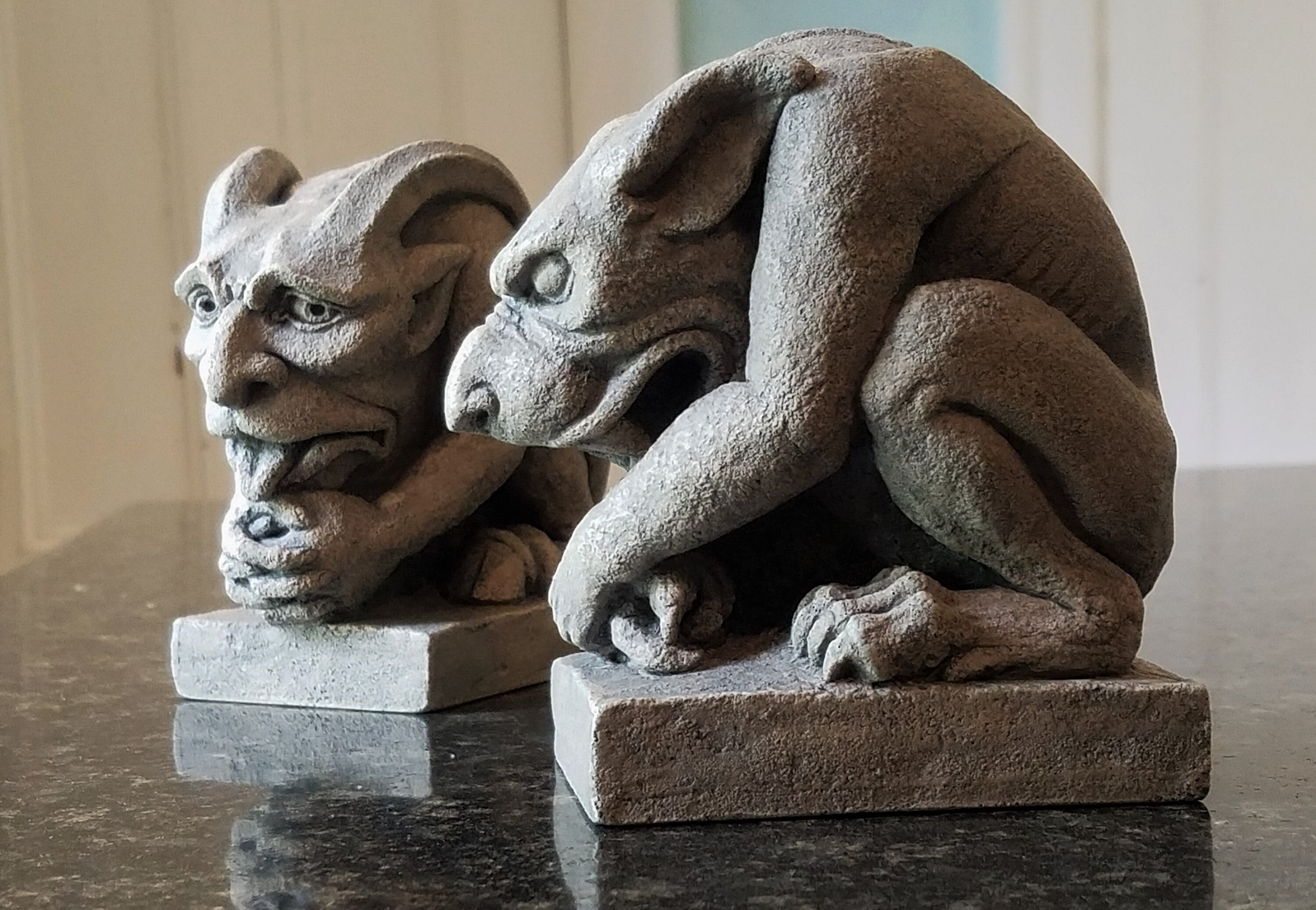 Gargoyle pair, Boris and Vincent, two gray stone finished handmade sc…