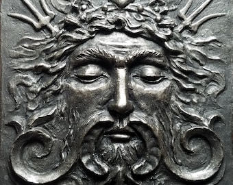 Sea god tile, Blackened Iron Finish, Architectural element, Handmade art tile,  Man's face with swirls and trident,  by R. Chalifour