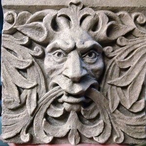 Bigger Green Man Satyr, 6 inch square Architectural  Detail, cast stone relief sculpture, Victorian Gothic, Grotesque, Cast Shadows Studio