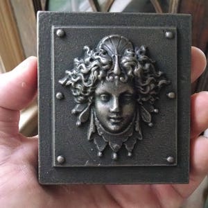 Pu&ograve; includere: Una placca di metallo grigio con una scultura a rilievo di un viso di donna. La donna ha i capelli lunghi e ricci e indossa una corona con una conchiglia in cima. La placca ha un bordo decorativo con piccoli punti.