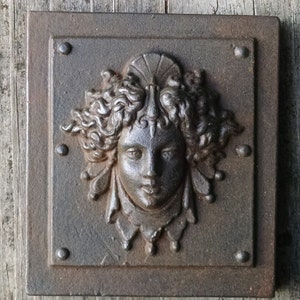 Luna in a Weathered Iron finish, classical architectural bronze detail, womens face, repro victorian paperweight, Cast Shadows Studio image 2