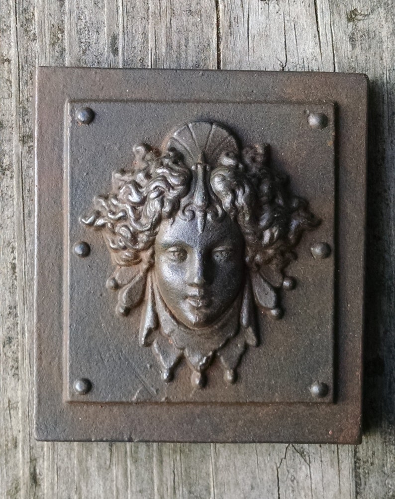 Luna in a Weathered Iron finish, classical architectural bronze detail, womens face, repro victorian paperweight, Cast Shadows Studio image 2