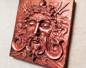 Sea god tile, 4x4 inch square Aged Copper finish, Man's face with swirls and trident. grand old theater decor, Sculpted by Chalifour