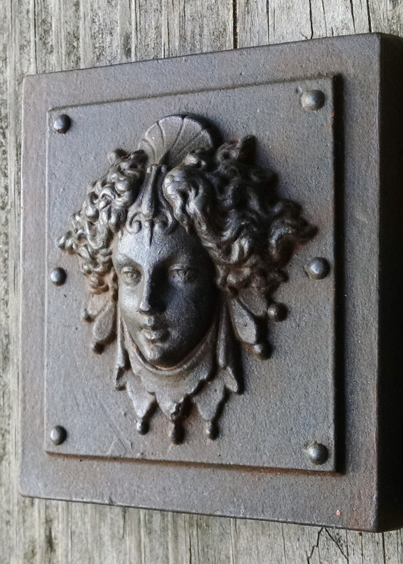 Luna in a Weathered Iron finish, classical architectural bronze detail, womens face, repro victorian paperweight, Cast Shadows Studio image 4